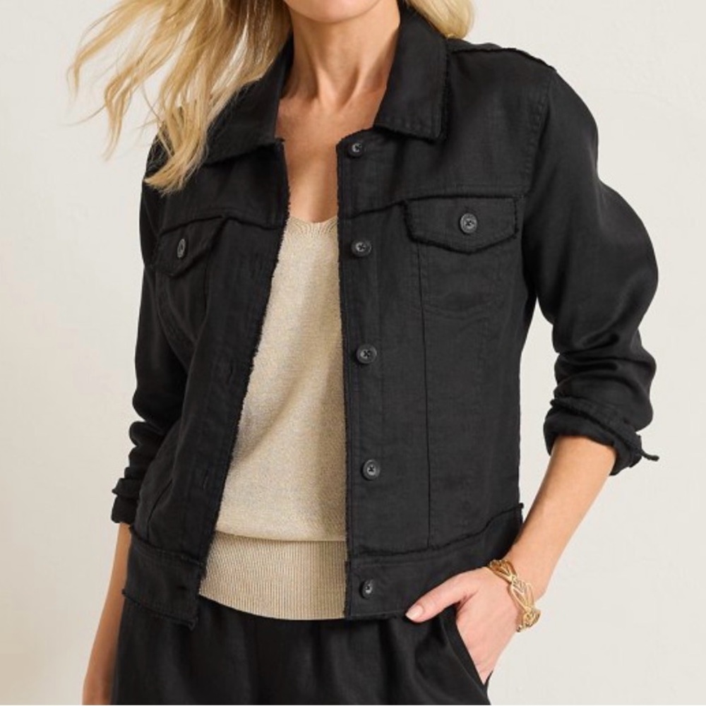 Tommy Bahama Black Two Palms Linen Raw-Edge Jacket XS